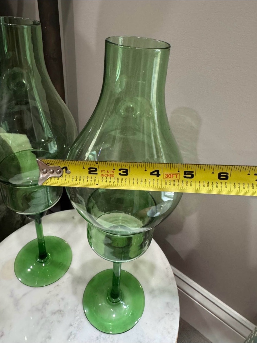 Vintage Green Glass Candle Holders - Decorative Hurricane Set - Picture 3 of 3